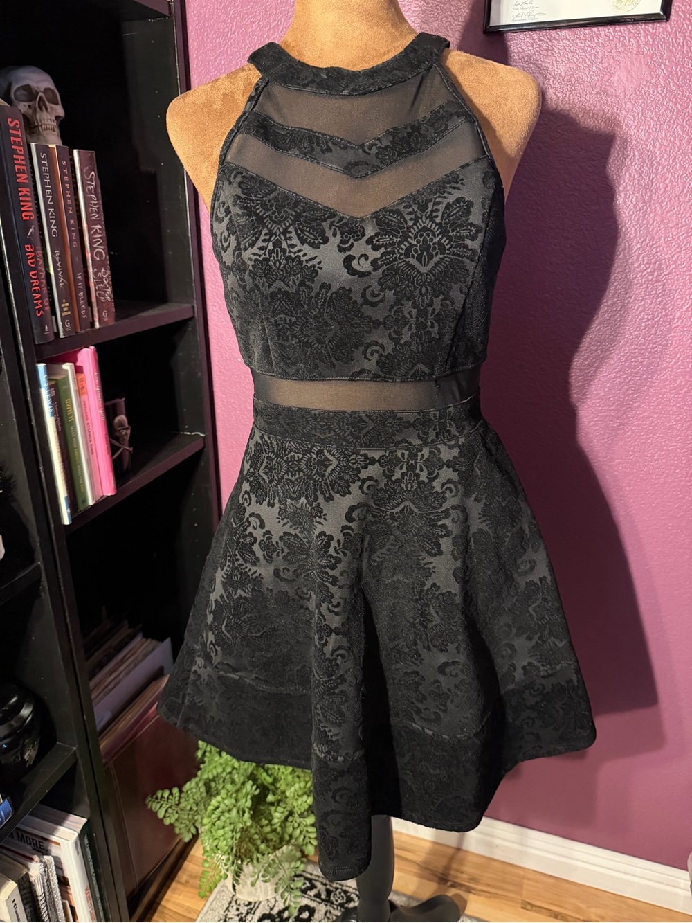 Black Lace Fit & Flare Dress with Sheer Insets